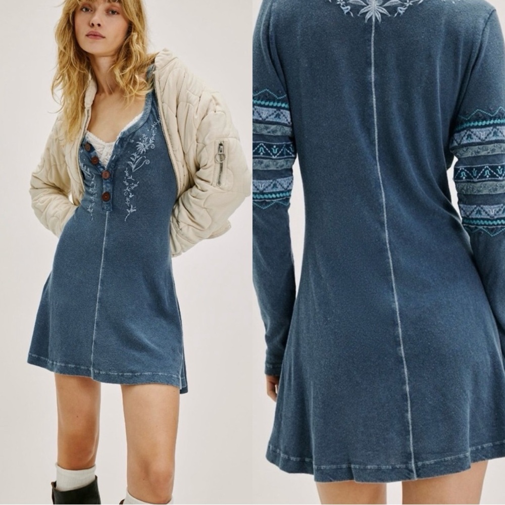 FREE PEOPLE Finley Henley Floral Embroidered Long Sleeve Mini Dress